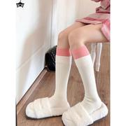 白色拼接小腿袜春夏粉色撞色中筒袜子女条纹堆堆，袜日系甜美jk棉袜