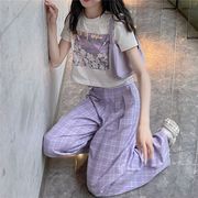 盐系套装女学生韩版宽松夏季设计紫色，高腰阔腿裤，印花短袖两件套女