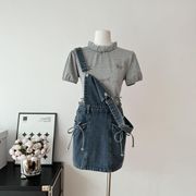 迷迭少女中古纯棉牛仔水洗蓝蝴蝶结背带裙女春夏，迟伞伞24ss