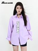 bw2024春夏紫色韩版宽松字母印花衬衫，女镂空设计中长款衬衣