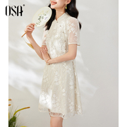 osa欧莎米白色新中式，蕾丝旗袍连衣裙女士夏季2023年短袖裙子
