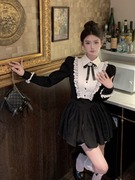法式复古长袖连衣裙女秋季蕾丝拼接黑色裙子收腰气质蓬蓬公主短裙