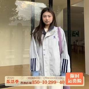 橘子树在哪儿美式复古三条杠撞色外套女春秋宽松休闲情侣百搭夹克