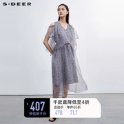 sdeer圣迪奥碎花连衣裙装圆领露肩网纱雪纺V领长裙S223Z1250