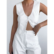 白色马甲背心西装风棉麻套装2023夏季通勤高级感气质欧美女装