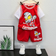 奥特曼套装男童夏装，2024洋气酷帅红色运动篮球服，发光儿童衣服