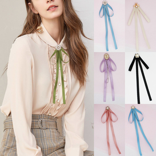 领结衬衣女蝴蝶结丝带，绿色紫色蓝色粉，气质英伦风衬衫胸针配饰