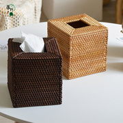 越南抽盒藤编北欧式纸筒，创意桌面客厅餐厅，纸巾盒正方形收纳盒