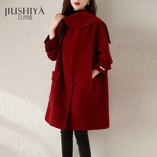 玖诗娅红色双面尼羊毛呢子，围巾大衣一体减龄时尚，零羊绒外套女毛呢
