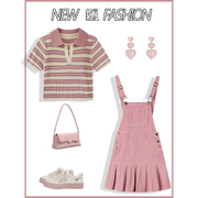 粉色条纹针织短袖t恤女夏季2024修身显瘦设计感搭背带百褶裙