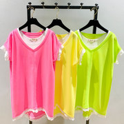 2024夏季韩版宽松中长款背心两件套T恤女v领纯色蕾丝短袖上衣