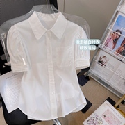 女神范高级(范高级)感上衣，独特别致小衫polo领女款衬衫白色，短袖夏法式(夏法式)气质