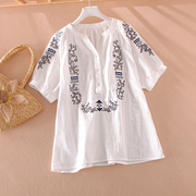 全棉衬衫女白色刺绣花柔软舒适夏季短袖上衣民族，风文艺小清新衬衣