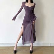 法式气质优雅香芋紫显白长袖(白长袖)收腰连衣裙，女不规则拼接长裙设计感