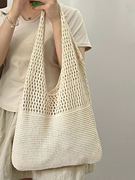 韩国chic简约复古镂空针织，手提包单肩包女背心包，ins毛线包购物袋