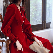 大码女装敬酒服新娘长袖平时可穿气质红色礼服回门订婚连衣裙秋冬