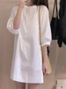 白色圆领连衣裙女2024春夏，韩版小个子宽松休闲七分袖衬衫短裙