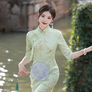绿色长款旗袍长袖秋冬女中式麂皮绒印花小清新改良日常连衣裙
