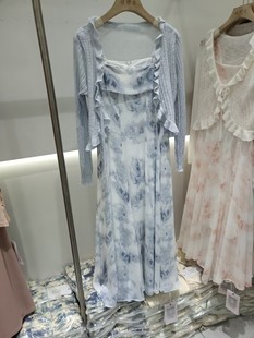 印花扎染水墨画连衣裙，女2024夏季新中式，蓝色吊带裙披肩两件套