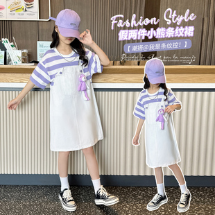 童装女童夏季潮流紫色条纹裙子，夏天女孩假两件小熊条纹连衣裙