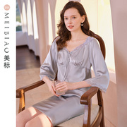 美标19姆米重磅七分袖真丝睡裙女春夏100%桑蚕丝绸睡衣蕾丝家居服