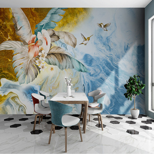 北欧现代抽象手绘电视沙发背景，墙纸植物叶子客厅，壁纸壁画油画墙布