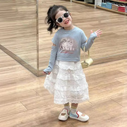 韩版女童2024春季甜酷蓝色猫咪露臂T恤白色镂空蕾丝裙两件套