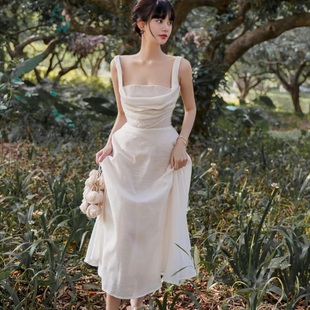 winnicelh设计师优雅气质，收腰连衣裙礼服，晨袍香槟白色小白裙长裙