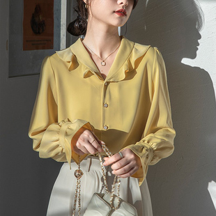 2024春秋新高级(新高级)感荷叶边黄色长袖雪纺，衬衫女士设计感小众气质上衣