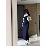 法式蓝色修身风情万种连衣裙子夏季女装2024茶歇梨形身材长裙
