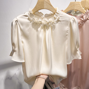 2023韩国气质显瘦纯色立领，花朵钉珠套头短袖，雪纺衫女春季衬衫