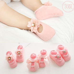 2024新生宝宝蕾丝袜春秋公主防滑袜可爱花朵0-6个月婴儿船袜蝴蝶