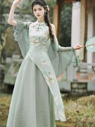 新中式国风改良旗袍连衣裙年轻款少女淑女修身印花度假裙挂脖长裙