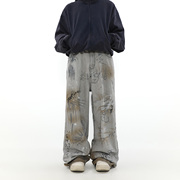 MRNEARLY美式复古废土风涂鸦牛仔裤男秋冬款设计感小众直筒长裤子