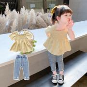 女童夏装套装2021韩版洋气女宝宝夏季时髦格子衬衫短r火