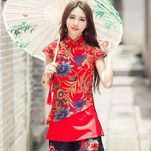 中国风2023夏季 民族风女装 上衣棉麻花朵中长款短袖衬衫开衫