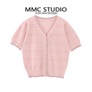 MMC 甜美法式镂空泡泡袖v领设计感小众粉色针织短袖T恤上衣2024新