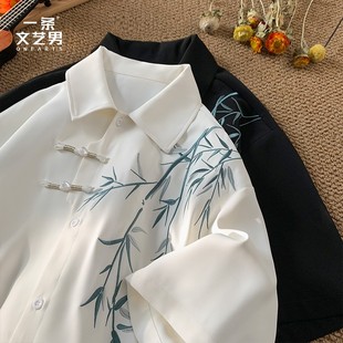 新中式男装短袖衬衫外套男春夏中国风国潮盘扣高级感宽松衬衣