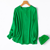 绿色波浪纹真丝提花桑波缎圆领灯笼袖长袖T恤宽松直筒丝滑上衣新