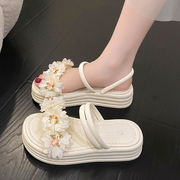 花朵两穿凉鞋设计感小众2024夏季韩版超火网红一字，拖鞋女外穿