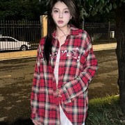春季美式hiphop格子衬衫女长袖中长款宽松衬衣外套夏天防晒上衣