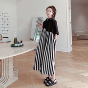 小众设计感竖条纹拼接连衣裙女2023夏季韩版宽松时尚衬衫长裙