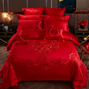 140s支全棉婚庆四件套，刺绣婚房床上用品大红色喜被子结婚六十件套
