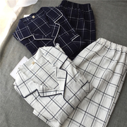 简约日系男式短袖短裤睡衣，套装夏季纯棉棉布，水洗宽松格子大码