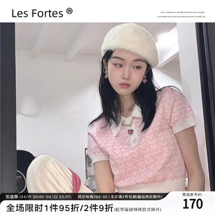 Les Fortes/22SS 原创短款满印爱心针织短袖辣妹薄款正肩露脐T恤