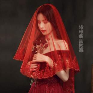 中式纱头纱红色复古风新娘，秀禾服蕾丝红盖头，!旅拍短款结婚礼服纱