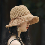 AMI 草帽女夏天太阳帽大沿可折叠卷边遮阳帽出游沙滩帽蝴蝶结凉帽
