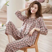 100%双面纯棉睡衣女春秋季长袖，大码全棉家居服，套装学生夏月子服冬