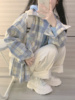日系甜美奶蓝色格子衬衫女秋季宽松慵懒bf风学生长袖衬衣外套