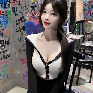韩国东大门修身显瘦性感显胸女人味，翻领撞色露腰无袖t恤上衣